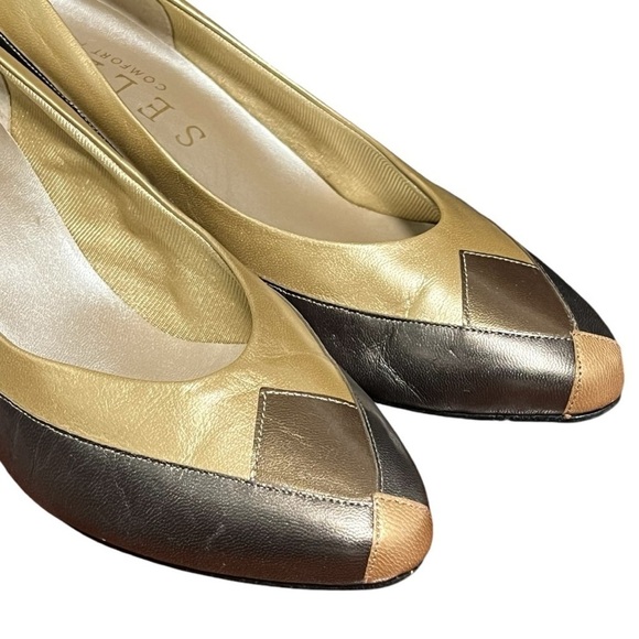 Elby Comfort Flex Vintage 80s Metallic leather kitten heel slip-on dress shoes